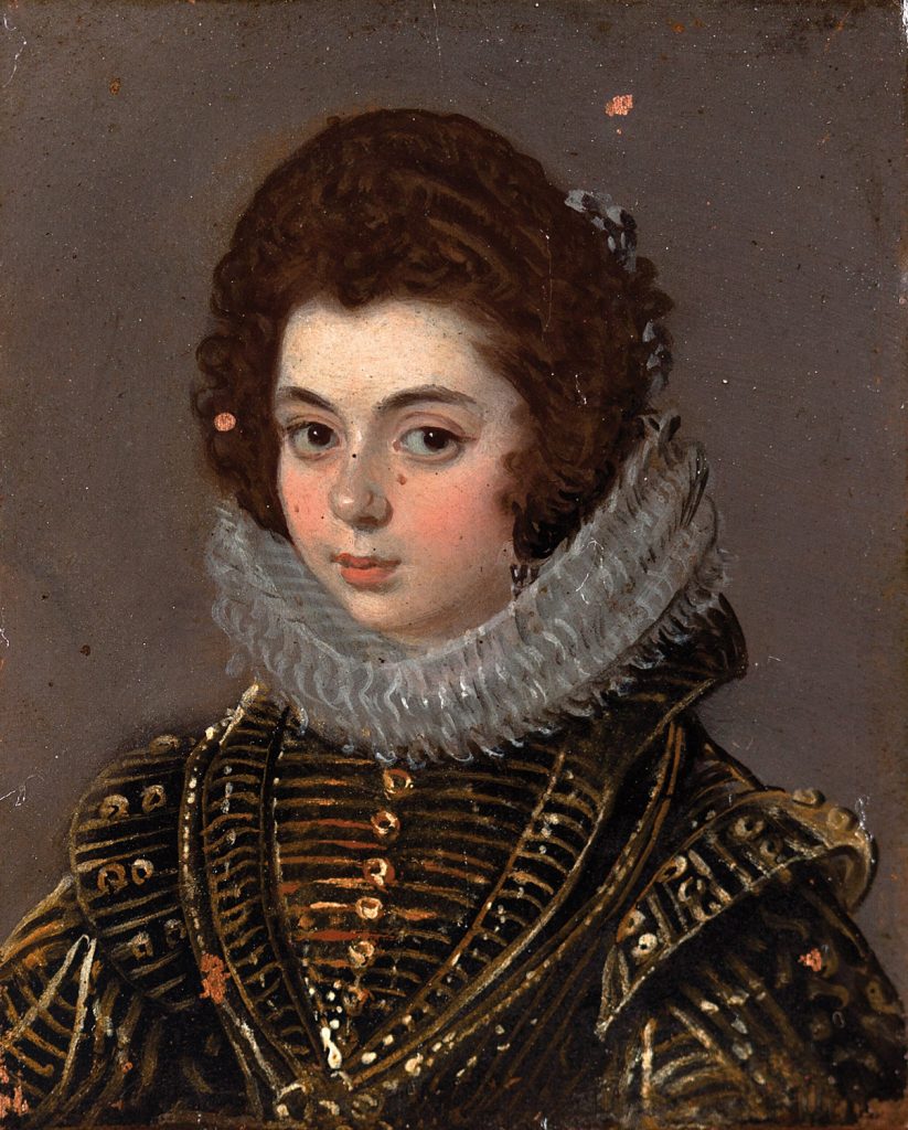 Atribuido a Diego Velázquez. Pequeño retrato de dama, de busto, con amplia gola y su pelo decorado con finos lazos azul-grises. Salida: 300.000 euros