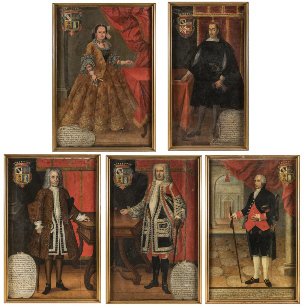 Escuela cuzqueña, siglos XVII y XVIII. Distintos personajes de la familia Vázquez Acuña. Salida: 7.000 y 5.000 euros, los dos primeros, y 6.000 euros cada uno de los inferiores. Remate final de los cinco retratos: 497.500 euros