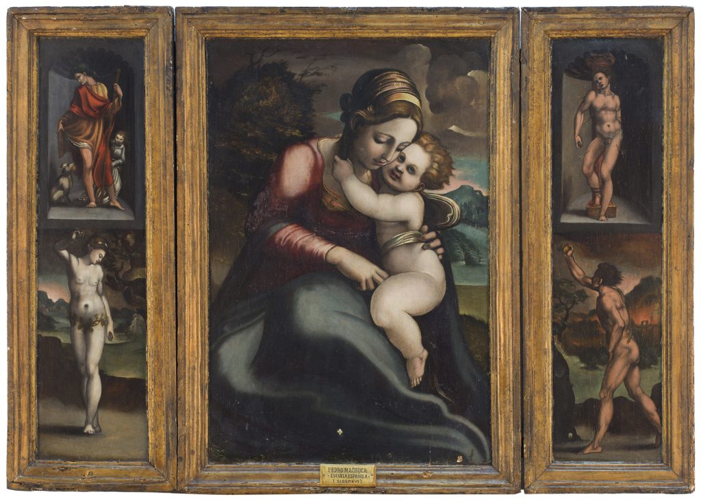 Pedro Machuca. Tríptico de la Virgen María con Jesús, Adán y Eva, y los santos Roque y Sebastián. Salida: 40.000 euros. Remate: 180.000 euros
