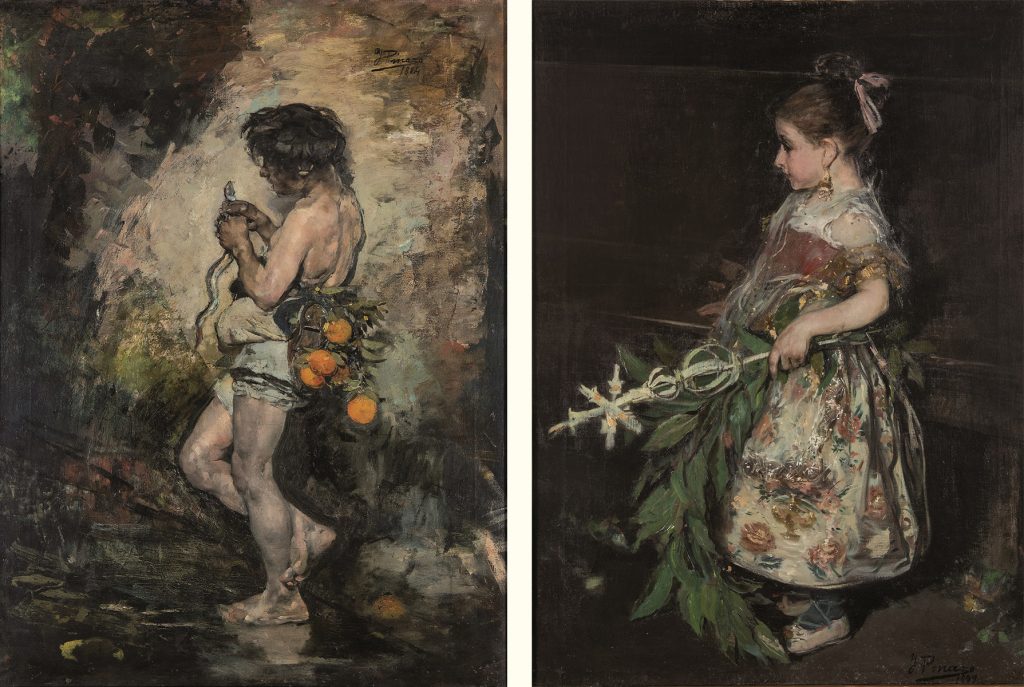 Ignacio Pinazo. Muchacho con serpiente y naranjas, 1884 y Muchacha valenciana en Domingo de Ramos, 1889. Salida: 12.000 euros cada uno. Remate: 13.000 y 22.000 euros, respectivamente