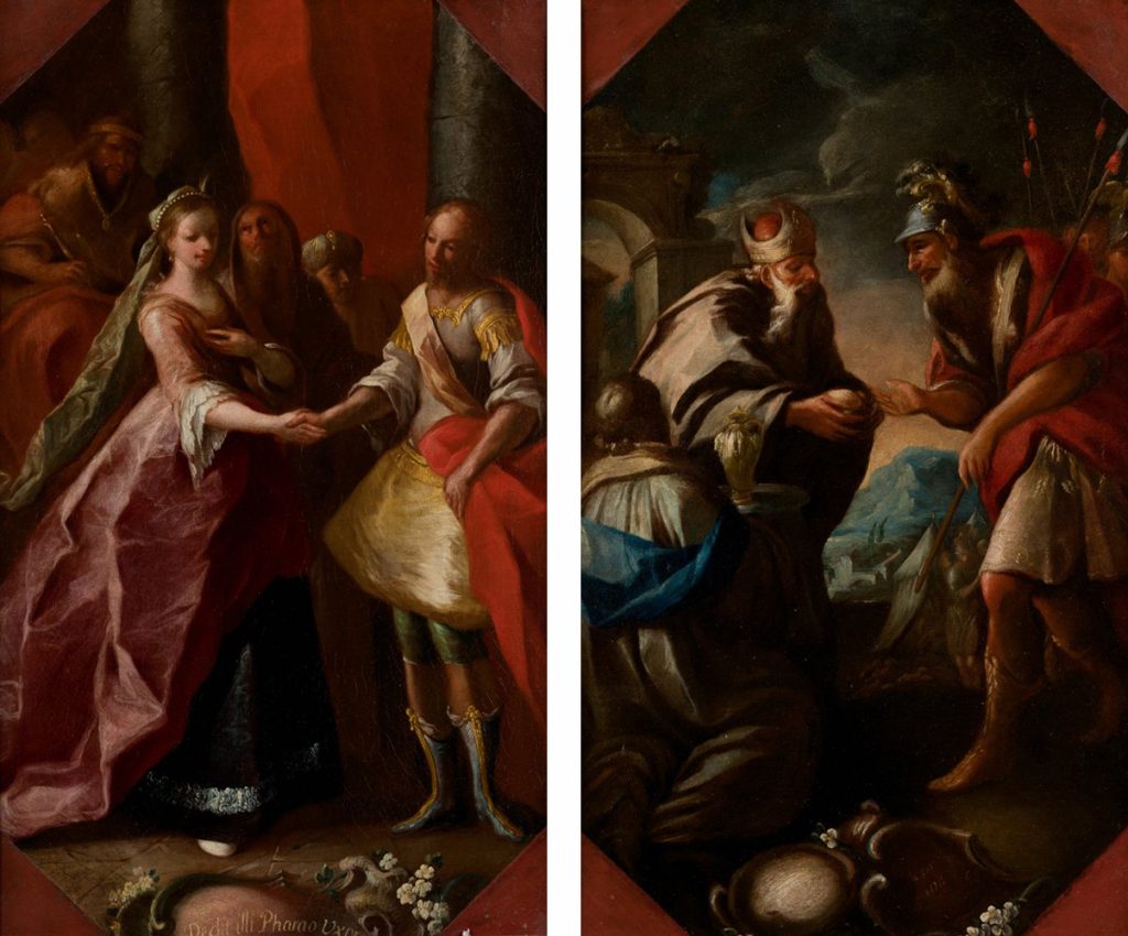 José Camarón y Boronat. El faraón dando a Asenat por esposa a José, y Abraham y Melquisedec, hacia 1756-60. Salida: 11.000 euros cada uno. No vendidos
