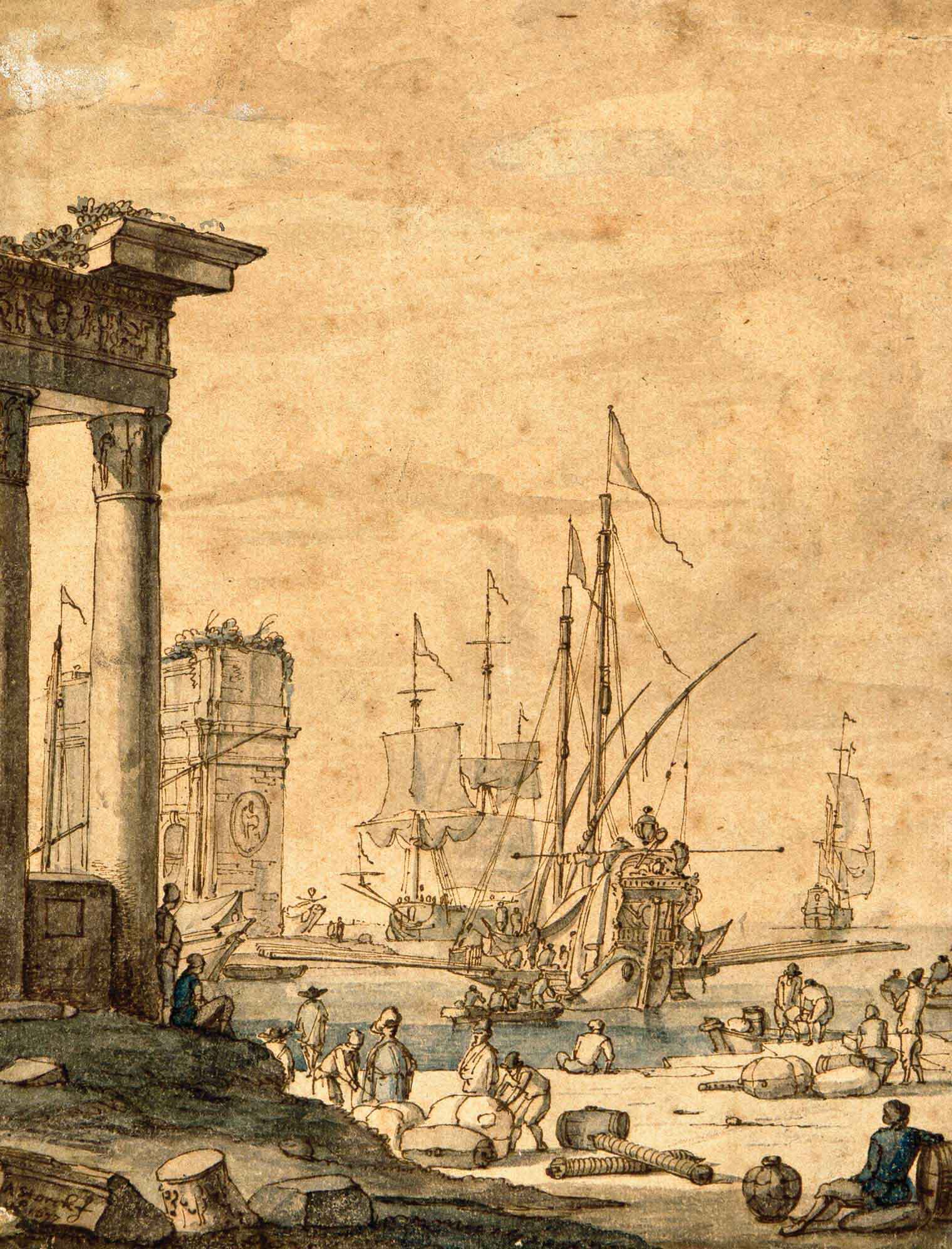 Abraham Storck, Vista de un puerto mediterráneo con ruinas romanas y navíos, 1677. Salida: 6.000 euros. Remate: 13.000 euros