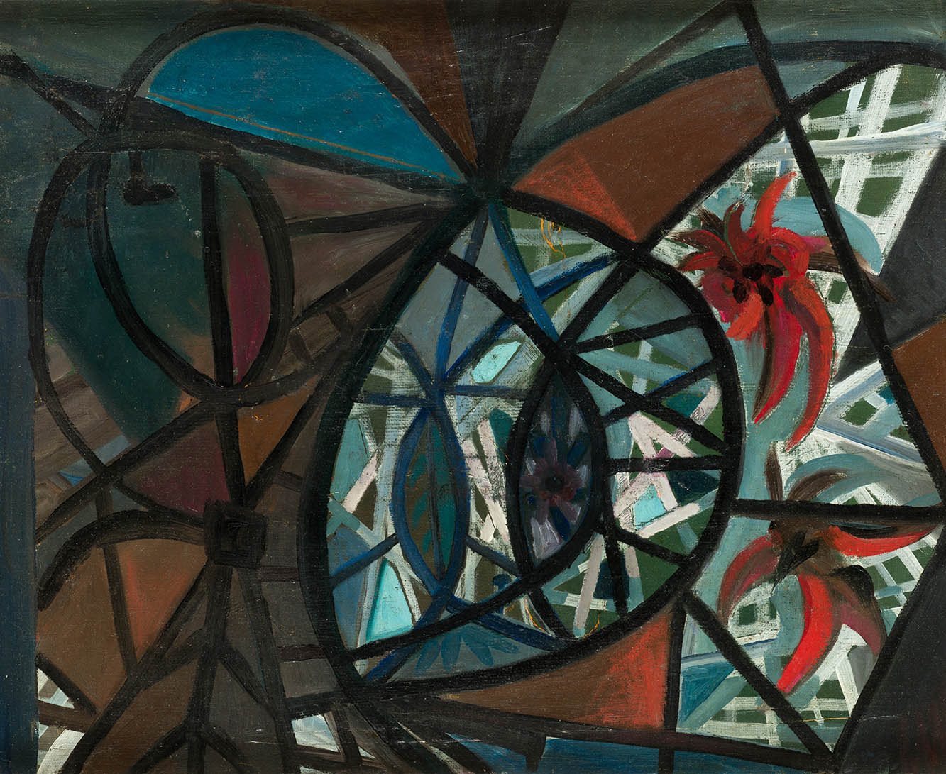 Óscar Domínguez, Composición con redes y flores rojas, c. 1952. Salida: 40.000 euros. No vendido