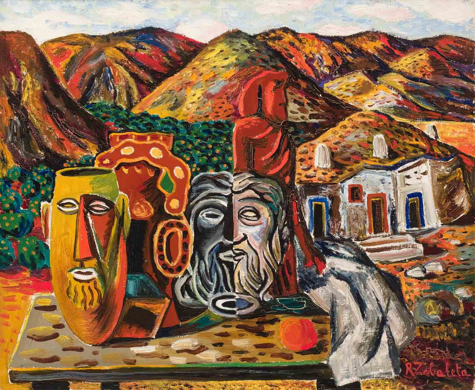 Rafael Zabaleta, Bodegón, cerámicas y paisaje, 1949. Salida y remate: 22.500 euros