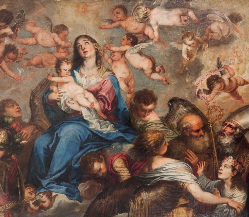Pedro Atanasio Bocanegra. La Virgen con santos. Siglo XVII. Óleo sobre lienzo, 186 x 332 cm.