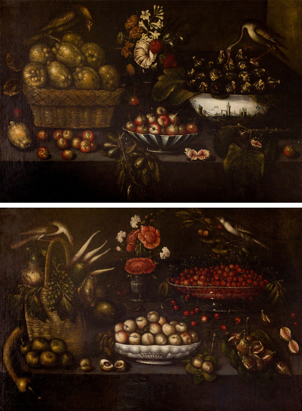 Blas de Ledesma, Pareja de bodegones con aves, frutas y flores. Salida y remate: 60.000 euros