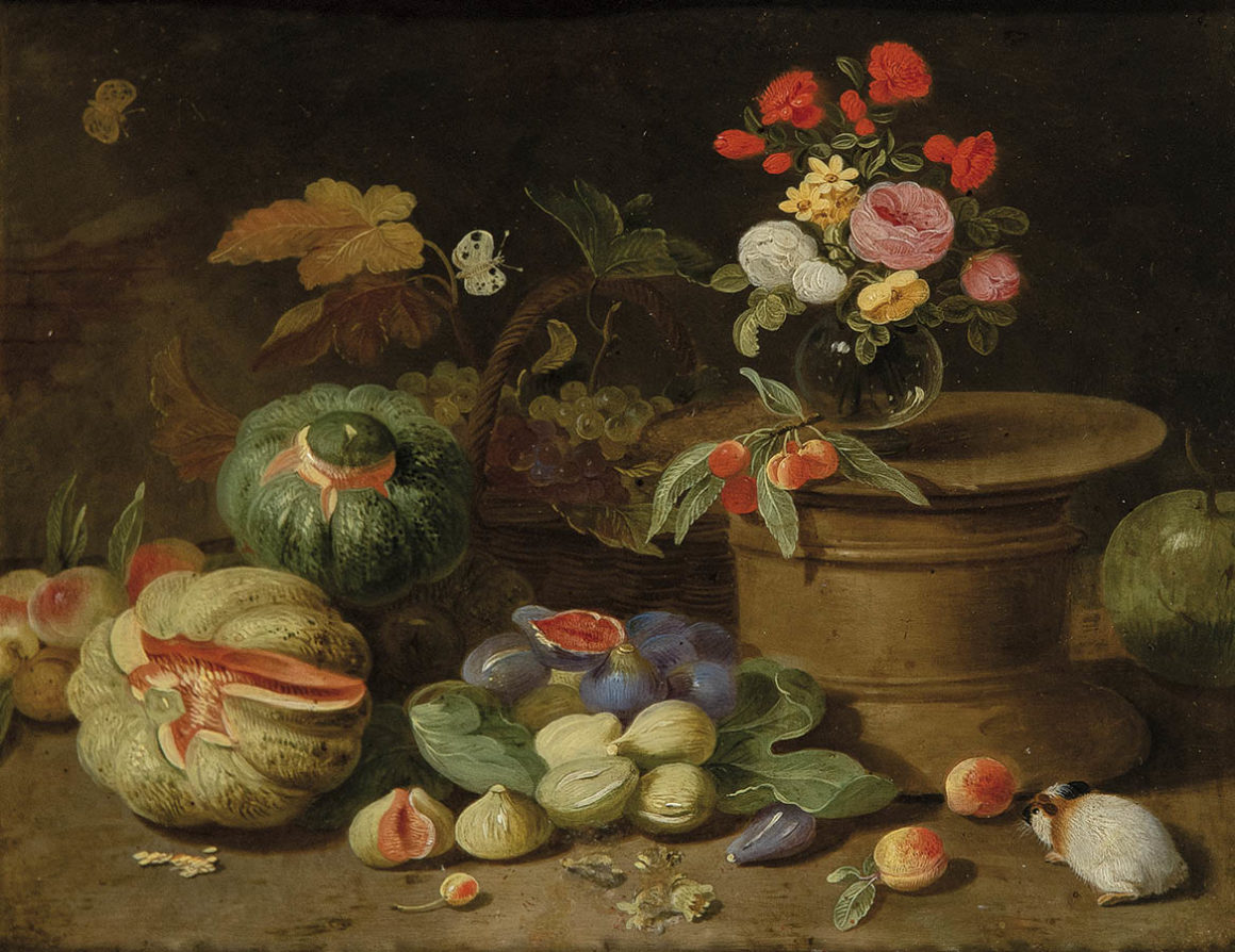 Pseudo Jan van Kessel II, Bodegón con higos, calabazas, florero, mariposas y cobaya. Salida y remate: 12.000 euros