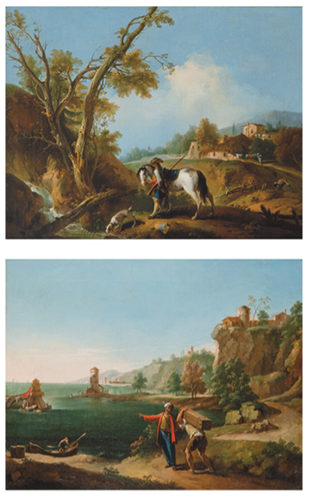 Zacarías González Velázquez, Paisaje con un cazador a caballo y perro, y Paisaje con moro conduciendo a un mozo, c. 1800. Salida: 18.000 euros. Remate: 36.000 euros