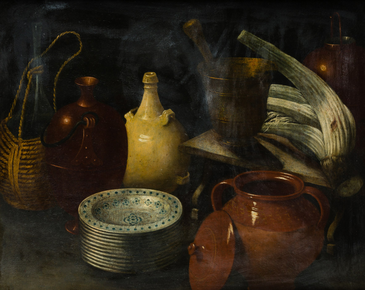 Anónimo, XVII-XVIII, Bodegón con utensilios de cocina y cardo. Salida y remate: 15.000 euros