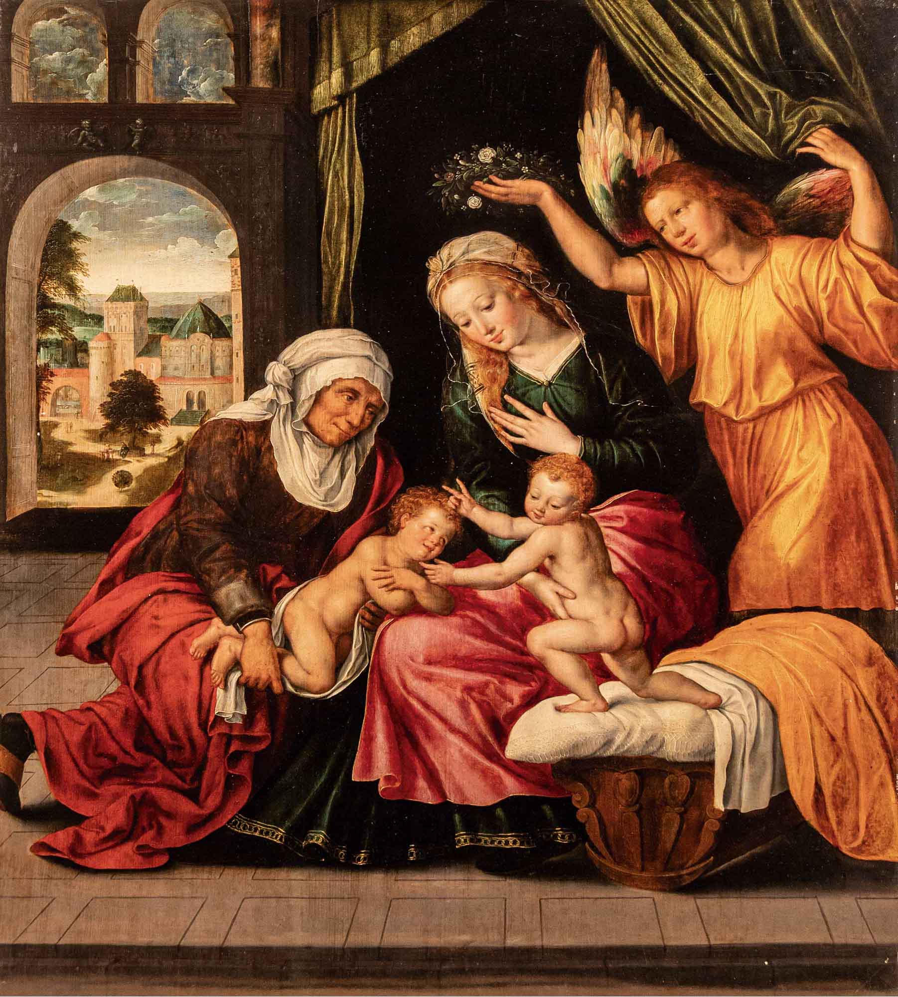 Atribuido a Cornelis van Cleve, Virgen con el Niño, Santa Isabel, San Juanito y ángel con corona de flores. Salida: 15.000 euros. Remate: 60.000 euros