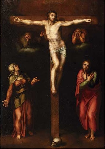 Atribuido a Marcello Venusti, Crucifixión con la Virgen, San Juan y dos ángeles en duelo. Salida: 15.000 euros. Remate: 20.000 euros