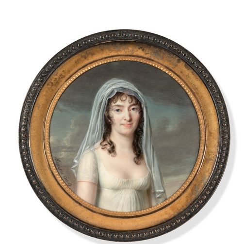 Lote 87. Jean-Baptiste Jacques Augustin. Saint-Dié, 1759 - París, 1832. Mujer con vestido blanco y velo. Miniatura sobre marfil, forma redonda. Diámetro: 7,3 cm. Estimación: 8.000 - 12.000 euros. ©Artcurial