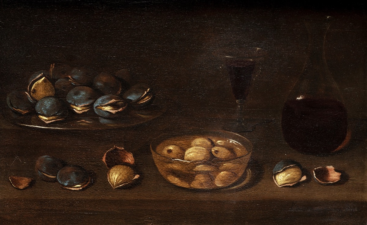 Pedro de Camprobín, Bodegón con castañas, copa y frasca de cristal con vino, c. 1652 (1/2). Salida: 150.000 euros. No vendido