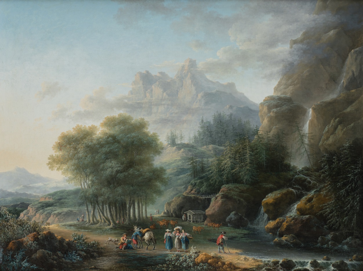 Claude Louis Châtelet, Paisaje alpino con lago y personajes (2/2). Salida y remate: 60.000 euros