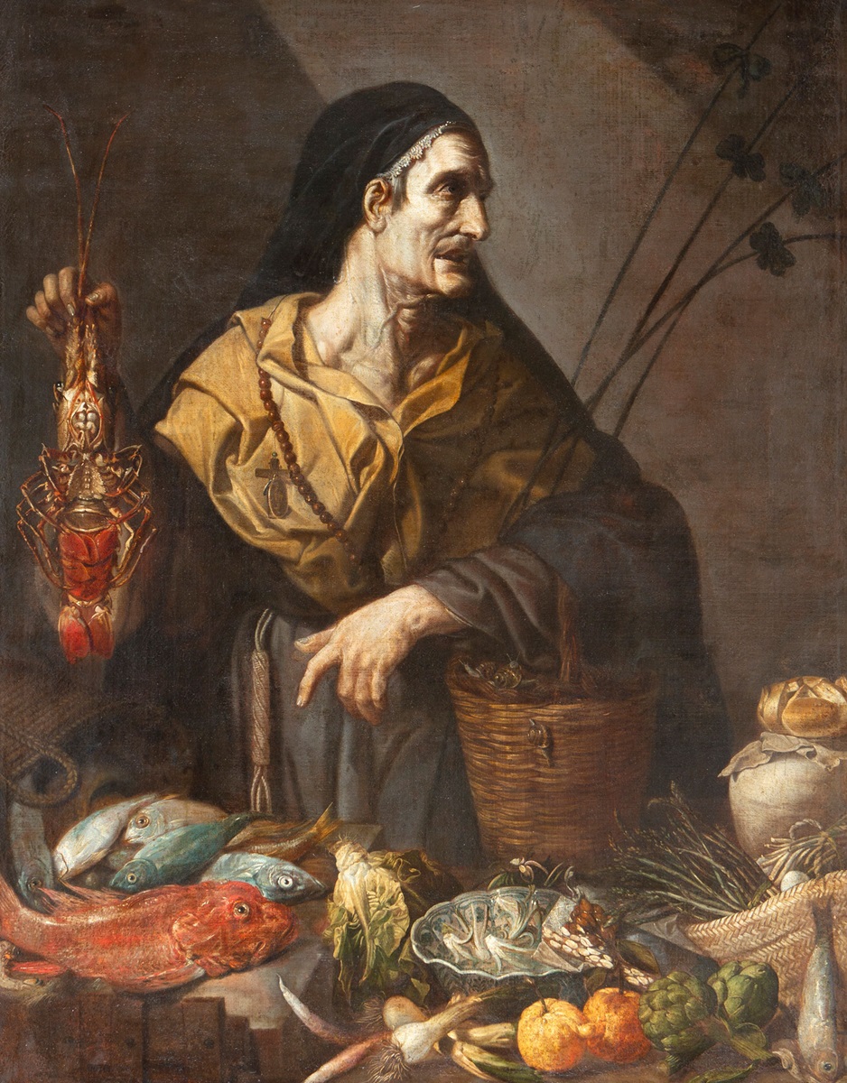 Giacomo Francesco Cipper, il Todeschini, 1 Vieja con bodegón de pescados y verduras, 1/2. Salida: 80.000 euros. No vendida