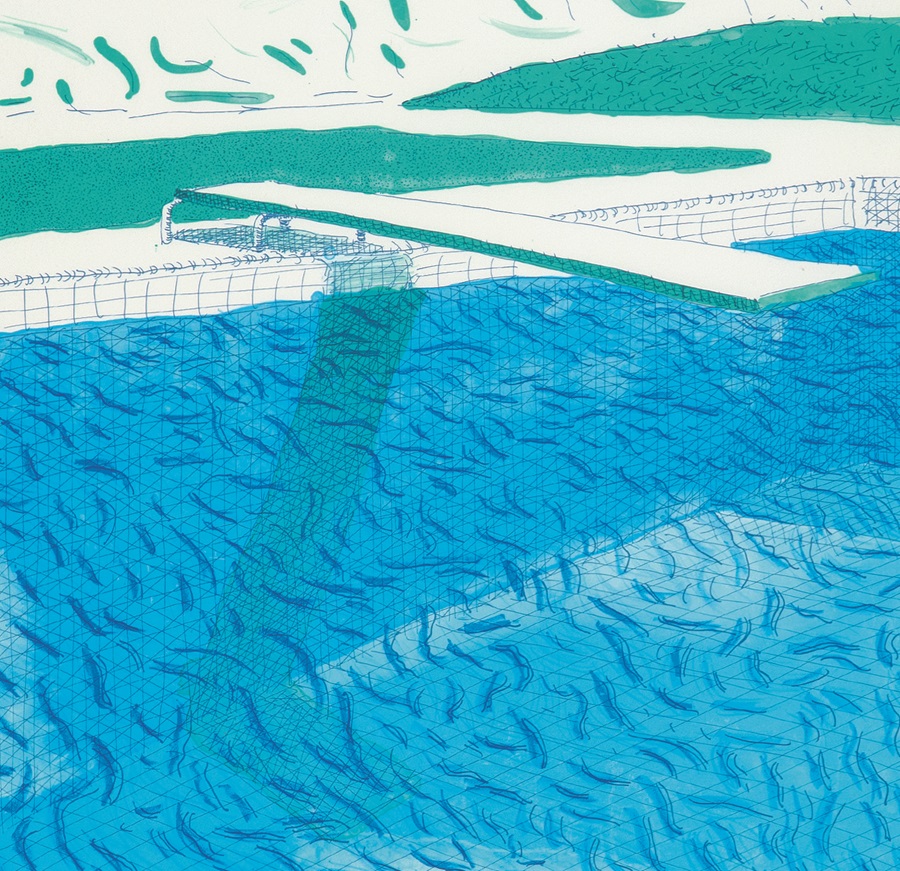 David Hockney, Lithographic Water Made of Lines, Crayon and Two Blue Washes, 1978-80, detail