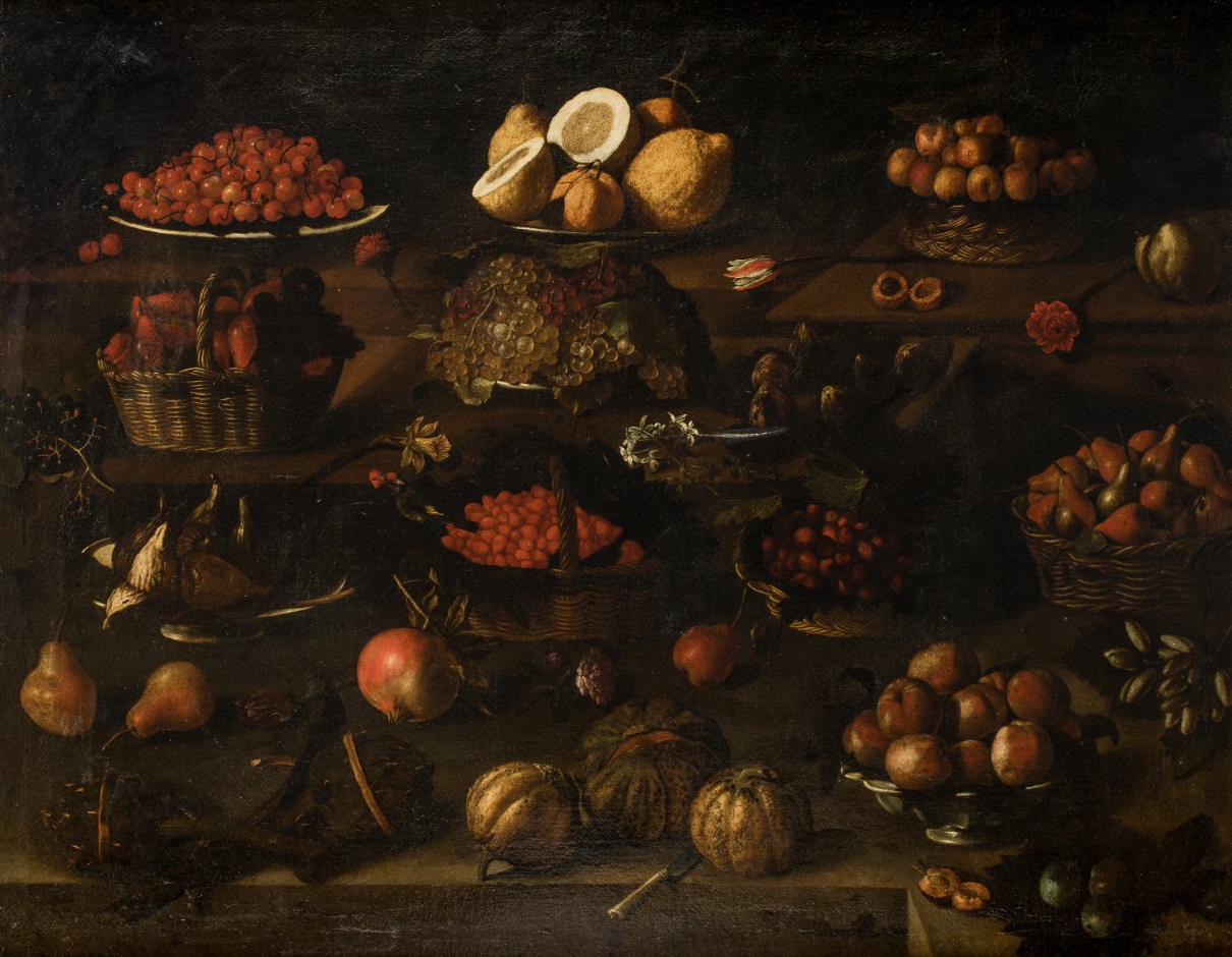 Anónimo siglo XVII, Naturaleza muerta con pájaro, flores, frutas y hortalizas. Salida: 12.000 euros. Remate: 36.000 euros
