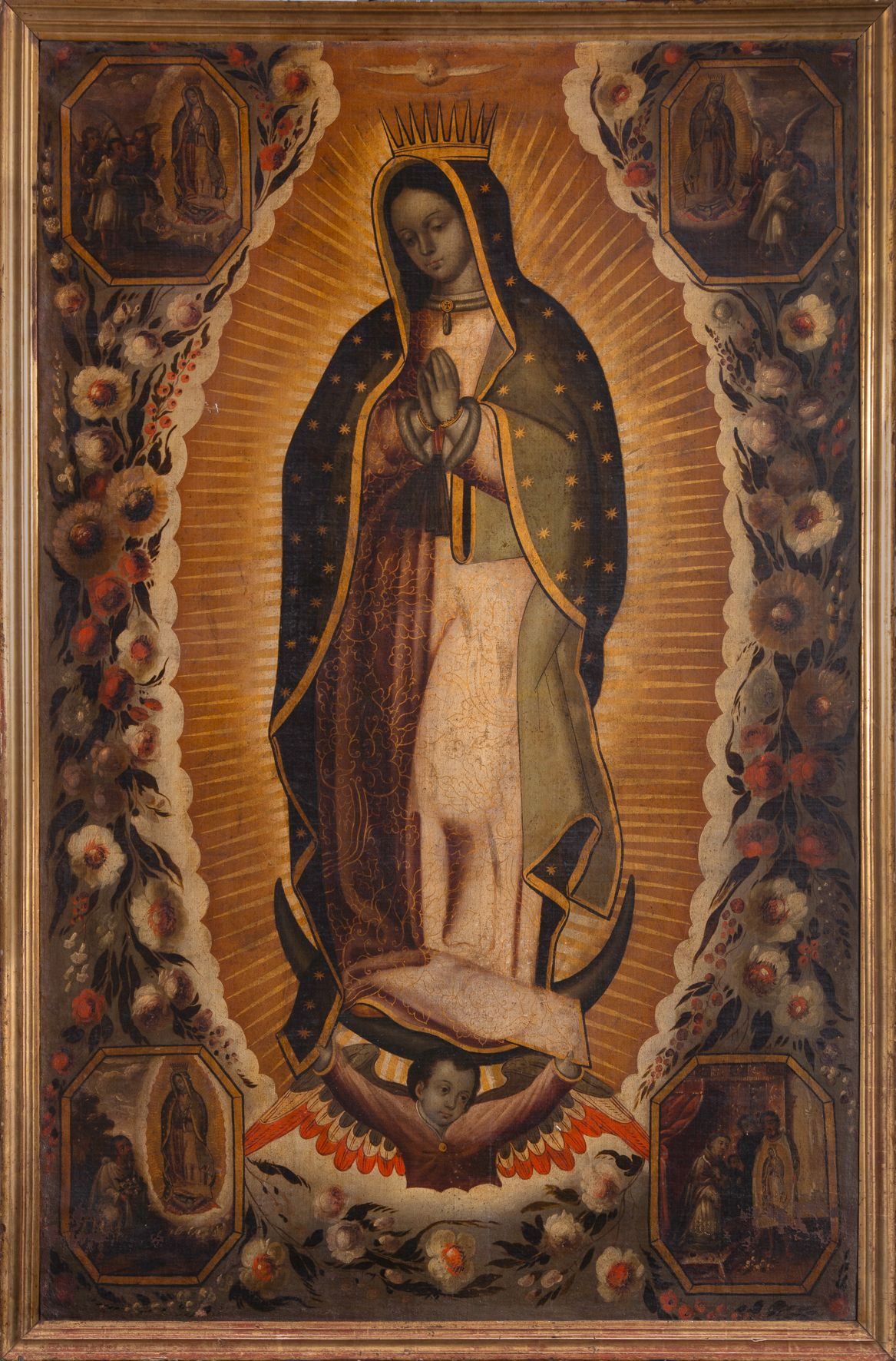 Atribuida a Manuel de Arellano, Virgen de Guadalupe con escenas de la aparición al indio Juan Diego, después de 1691. Salida: 22.000 euros. Remate: 25.000 euros