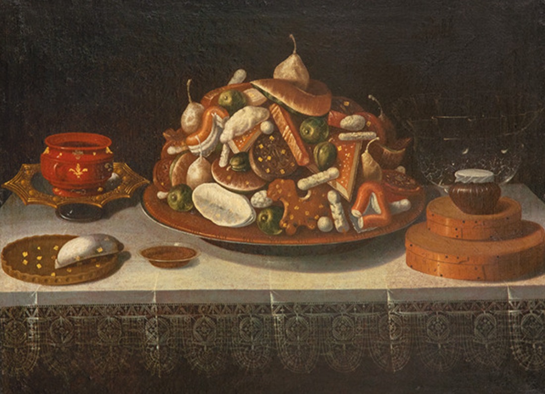 Tomás Hiepes, Bodegón con bandeja de pasteles, fruta confitada, peladillas y otros objetos sobre una mesa con mantel bordado, c. 1640-1650. Salida: 90.000 euros. No vendido