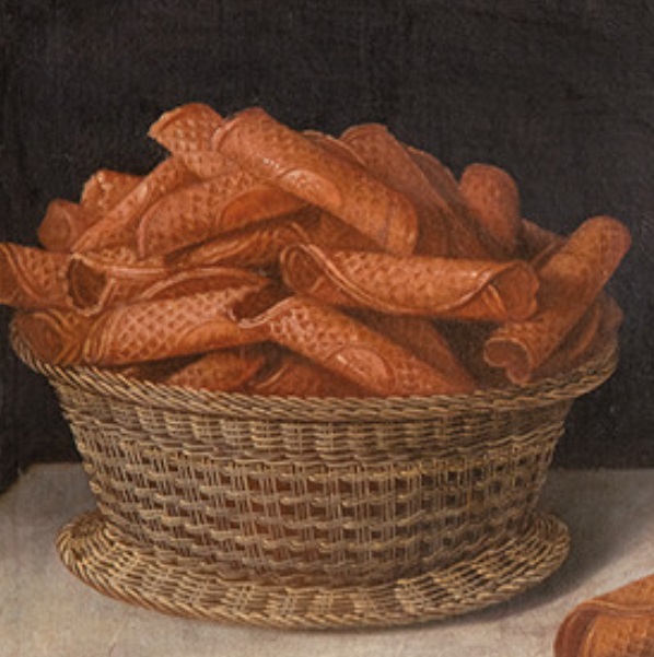 Tomás Hiepes, Bodegón con cesta de barquillos, turrones y roscos sobre mesa con mantel bordado, c. 1640-1650, detalle