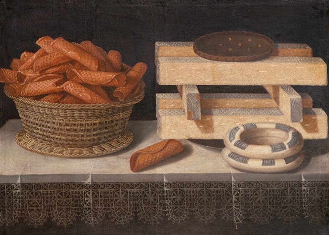 Tomás Hiepes, Bodegón con cesta de barquillos, turrones y roscos sobre mesa con mantel bordado, c. 1640-1650. Salida: 90.000 euros