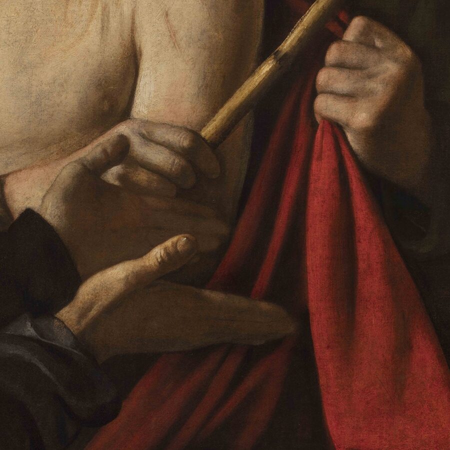 Caravaggio. Ecce Homo ya restaurado (detalle de las manos). Óleo sobre lienzo. 1605-1609. Imagen cortesía de colección privada.