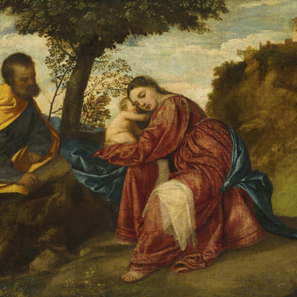 Tiziano. Descanso en la huída a Egipto. Óleo sobre lienzo sobre tabla. 46,2 x 62,9 cm. 20,9 millones €.