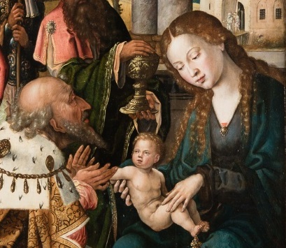 Pieter Coecke van Aelst, Retablo de la Adoración de los Reyes Magos con donantes, 1528, detalle