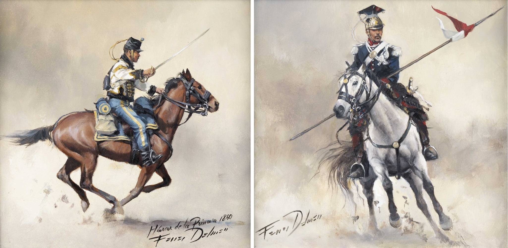 Augusto Ferrer-Dalmau, Perfil husariano (Húsar de la Princesa, 1860) y Eclosión guerrera (Guardia Real, 1825). Salida: 350 euros. Remate: 8.000 euros