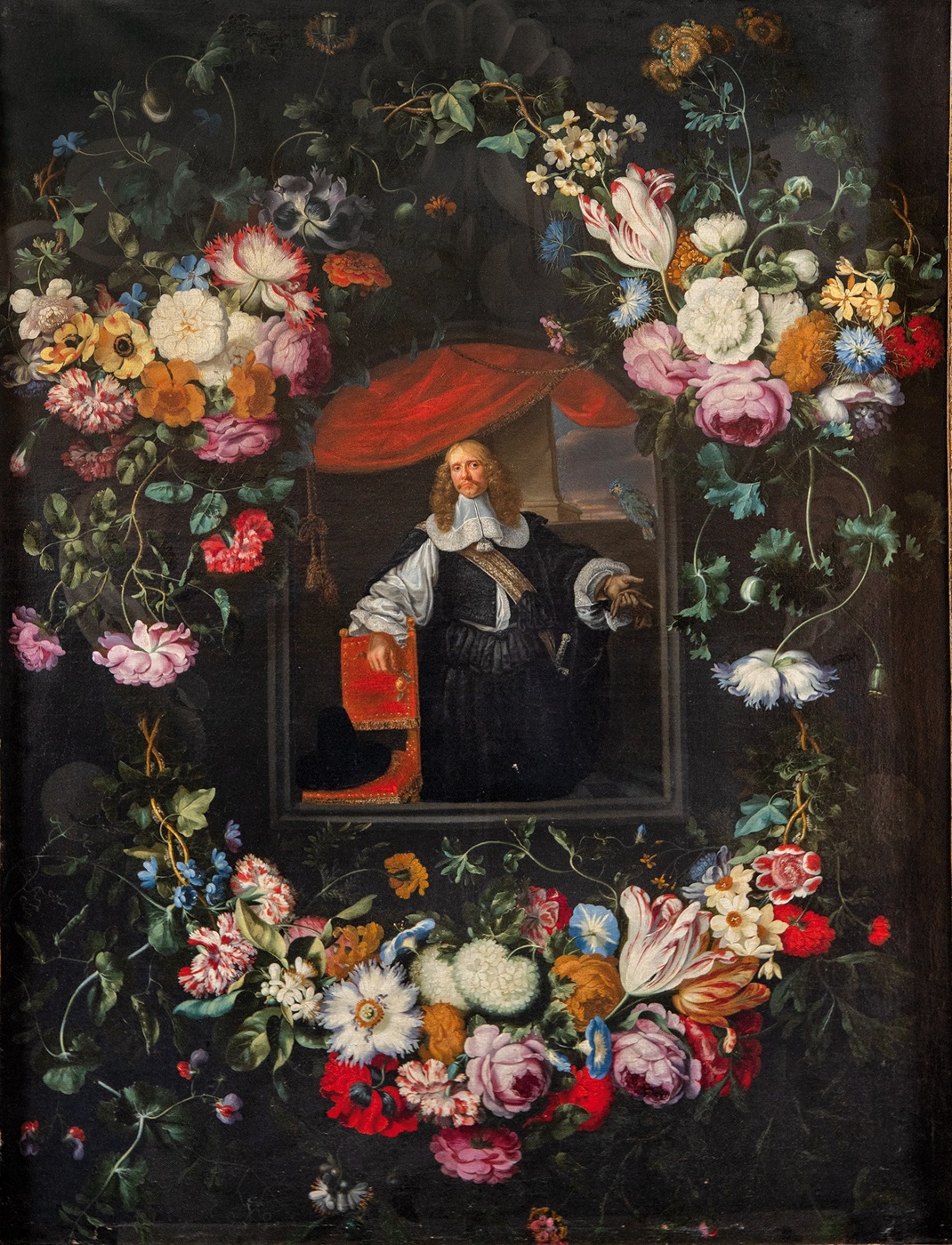 Jan Peeter Brueghel y Gonzales Coques, Orla de flores con retrato de caballero, c. 1660. Segre. Salida: 15.000 euros