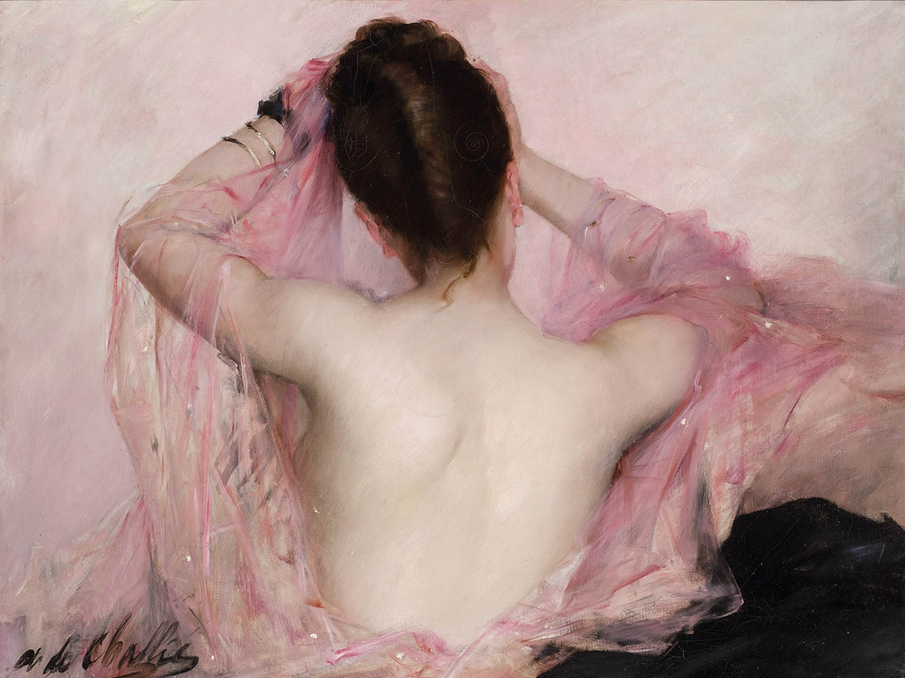 Alphonsine de Challié, Jeune femme brune à sa toilette au voile rose, circa 1900. Durán. Salida y remate: 17.000 euros