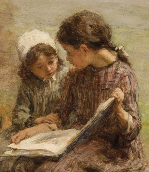 Léon-Augustin Lhermitte, Trois petites filles lisant (Tres niñas leyendo), 1906, detalle