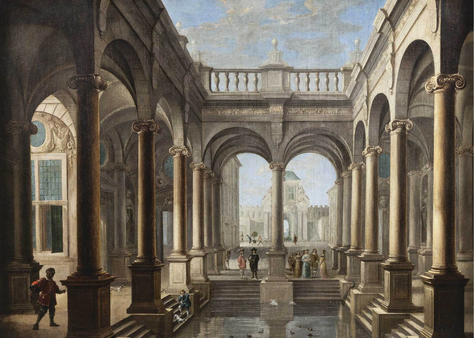 Dirck van Delen y David Teniers, Vista de palacio con columnas y figuras. Abalarte. Salida: 60.000 euros