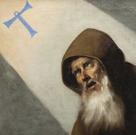 Detalle de la cara de San Antonio abad, con barba blanca y mirando hacia la cruz de los hospitalarios, que baja del cielo, pintada hacia 1640 por Francisco de Zurbarán