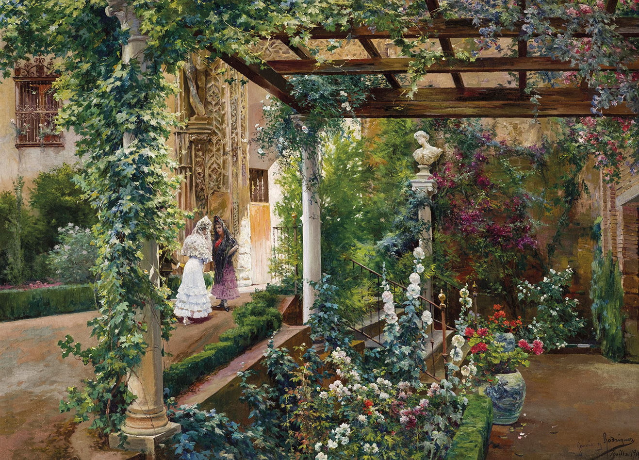 Manuel García y Rodríguez, Patio de Sevilla con figuras, 1918. Durán. Salida: 14.000 euros