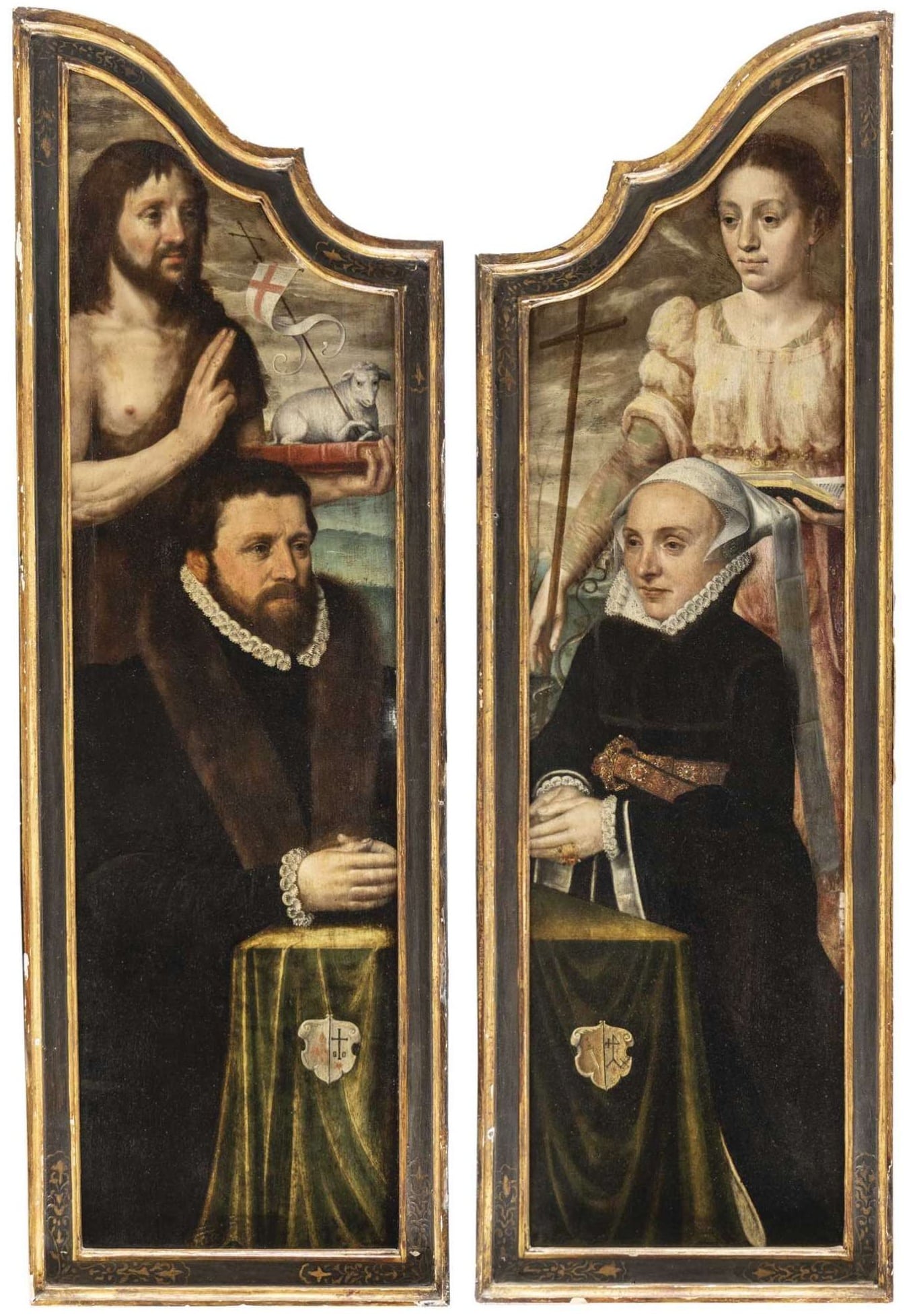 Círculo de Pieter Claeissens el Viejo, San Juan Bautista y santa Margarita con donantes y escudos nobiliarios. Abalarte. Salida: 12.000 euros. Remate: 40.000 euros