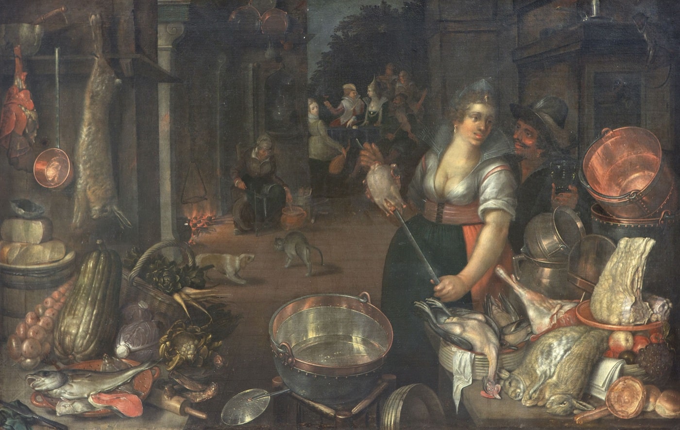 Cornelis Jacobsz Delff, Interior de cocina con criada y hombre en un extenso bodegón de carne, frutas, verduras y calderos de cobre. Abalarte Subastas. Salida: 35.000 euros. No vendido