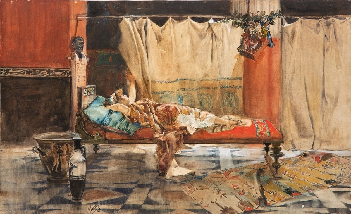 Joaquín Sorolla, Escena clásica con dama tumbada sobre Kline, 1887. Segre Subastas. Salida y remate: 70.000 euros. Comprada por el Estado