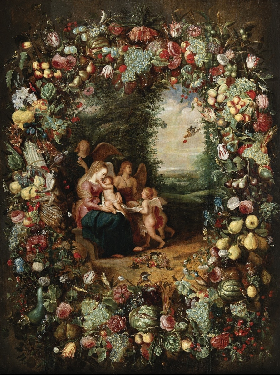 Atribuido a Jan Brueghel el Viejo y Pieter van Avont, Guirnalda con flores, frutos, aves y monos con escena al interior de la huida a Egipto con ángeles. Abalarte Subastas. Salida: 35.000 euros. No vendido