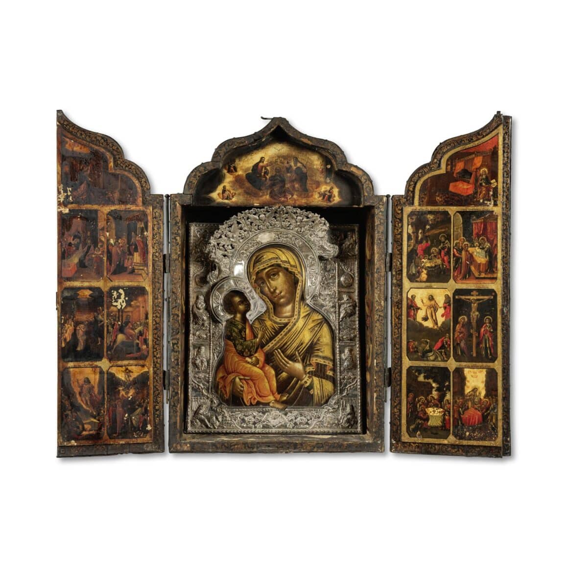Bonhams record Icône représentant la Mère de Dieu de Jérusalem, signée, datée et inscrite Année 1713, peinte par le moine Korniliy Ulanov Récord para un icono bizantino en Bonhams