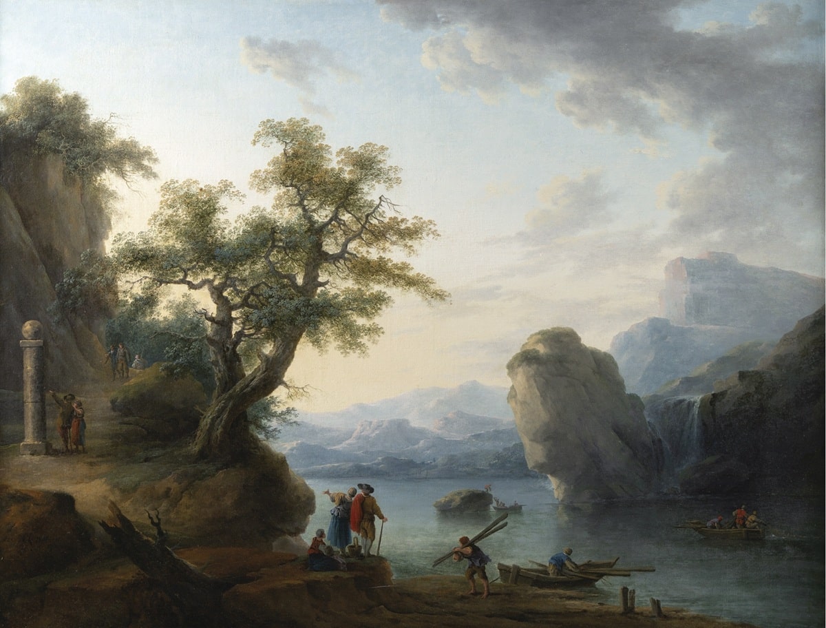 Claude Louis Châtelet, Paisaje de montaña con río, cascadas y figuras en primer plano (2/2). Abalarte Subastas. Salida y remate: 37.500 euros