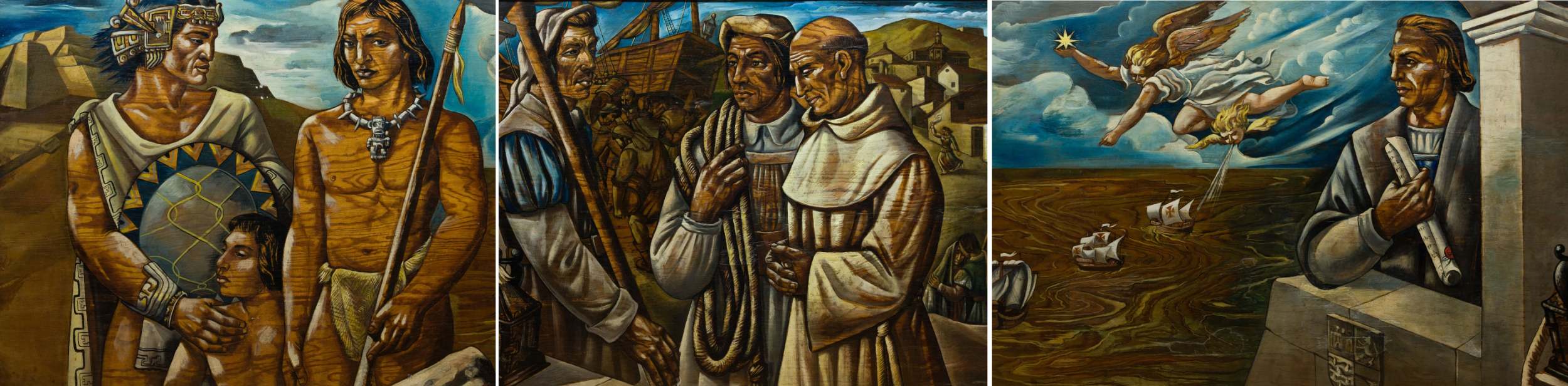 José Vela Zanetti, El descubrimiento de América, 1950, tríptico. Ansorena Subastas. Salida: 25.000 euros. Remate: 55.000 euros