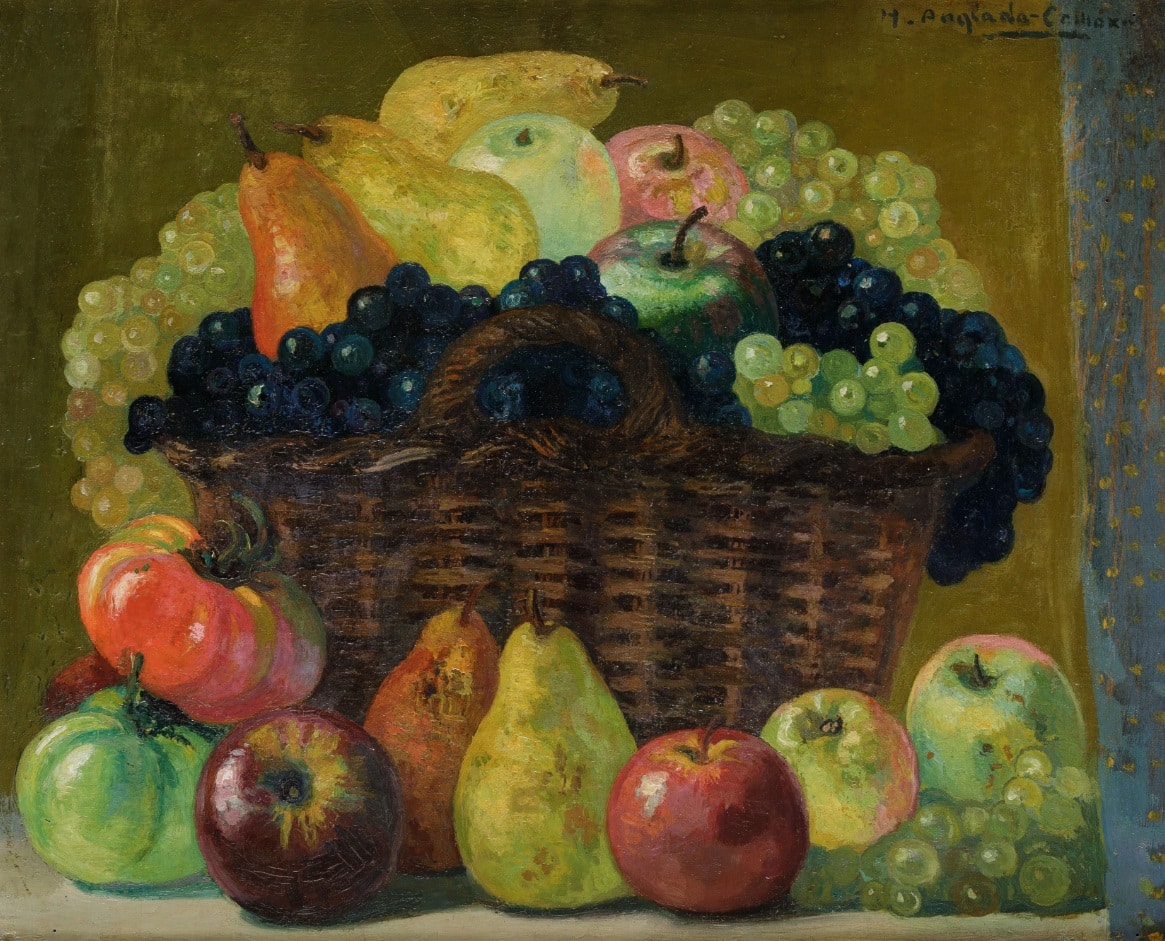 Hermenegildo Anglada Camarasa, Cesta con uvas, peras y manzanas, 1940-47. Ansorena Subastas. Salida: 40.000 euros. No vendido