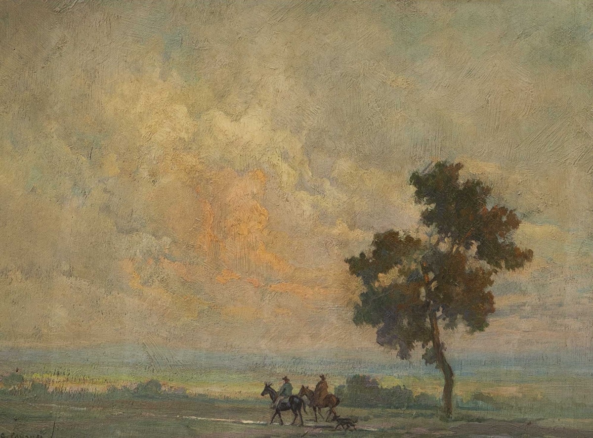 Adelardo Covarsí, Paisaje con cazadores en los alrededores de Badajoz. Abalarte Subastas, Salida: 2.250 euros. Remate: 5.000 euros