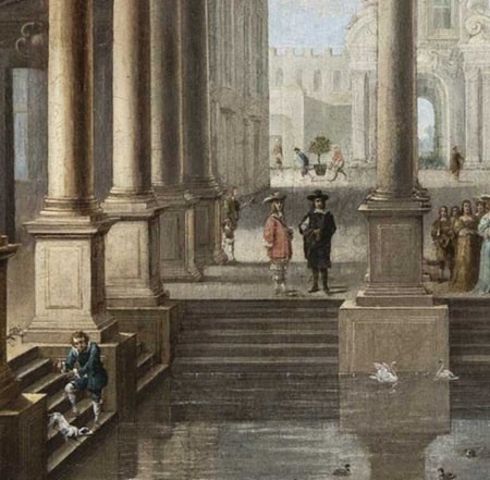 Dirck van Delen y David Teniers, Vista de un palacio con columnas y figuras, detalle Dirck van Delen y David Teniers, Vista de un palacio con columnas y figuras, detalle