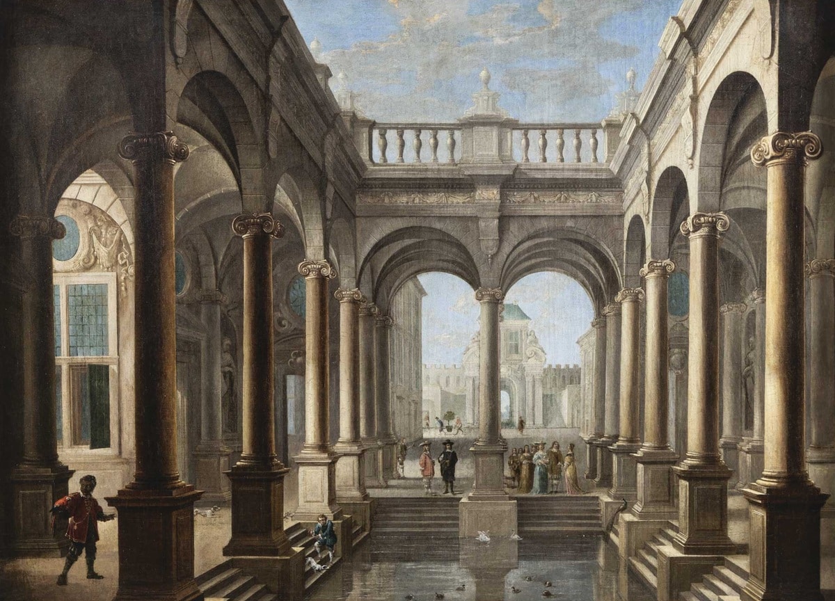 Dirck van Delen y David Teniers, Vista de un palacio con columnas y figuras. Abalarte Subastas. Salida y remate: 45.000 euros