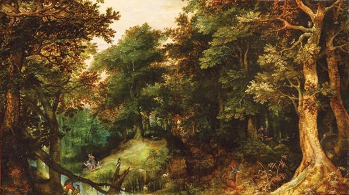 Gillis van Coninxloo, Paisaje boscoso con cazadores. Segre Subastas. Salida: 10.000 euros. Remate: 20.000 euros
