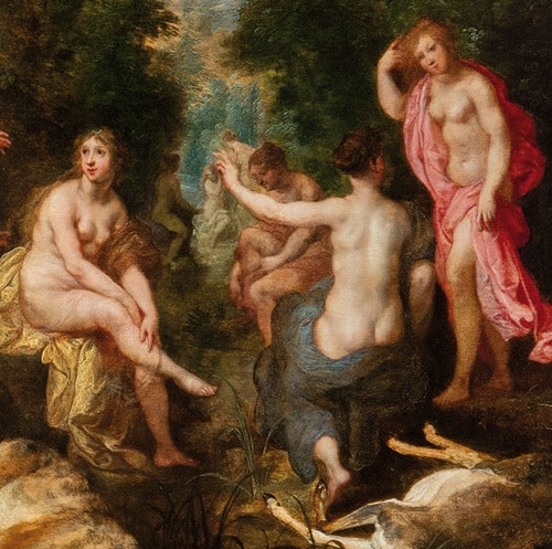Hendrick van Balen y Jan Brueghel el joven, Diana y las ninfas con Acteón al fondo, detalle. Subastas Segre Hendrick van Balen y Jan Brueghel el joven, Diana y las ninfas con Acteón al fondo, detalle. Subastas Segre