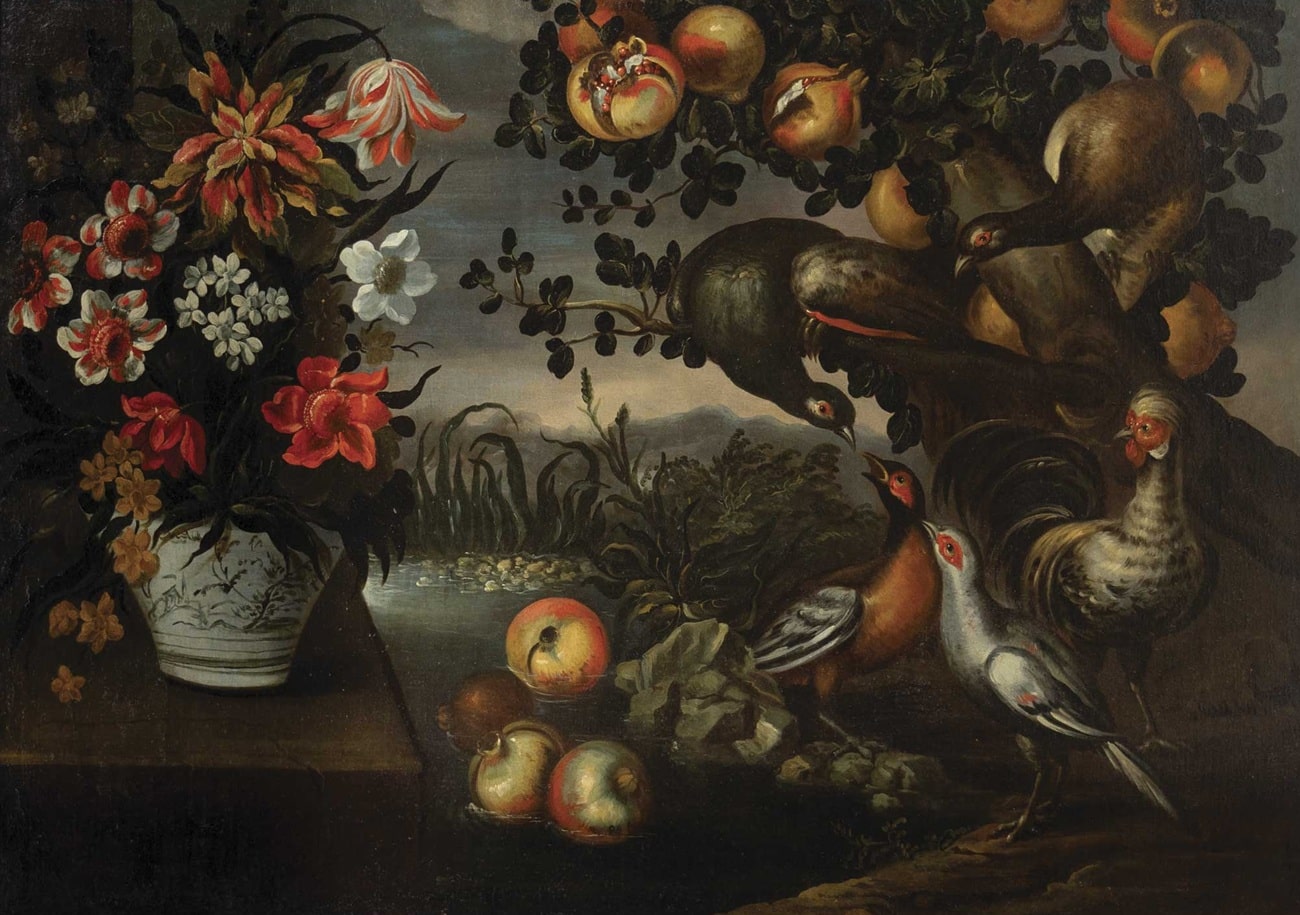 Tomás Yepes, Aves, un florero y granadas en un jardín. Abalarte Subastas. Salida y remate: 30.000 euros