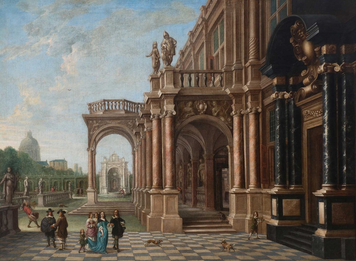 Dirck van Delen y David Teniers II, Vista de un palacio con columnas y entrada triunfal con elegantes figuras caminando. Abalarte Subastas. Salida: 45.000 euros. Remate: 65.000 euros